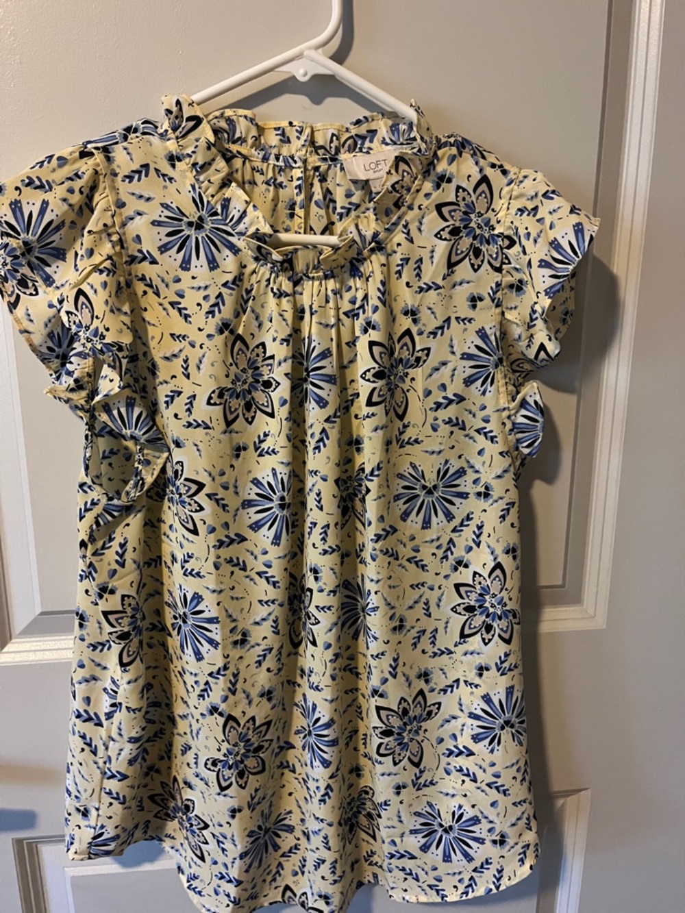 LOFT Yellow Cream Blouse with Blue Floral Print